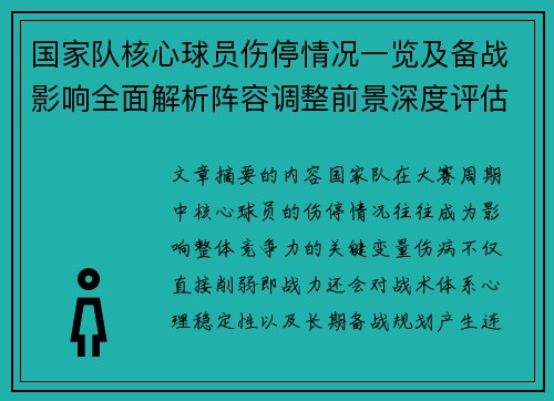 国家队核心球员伤停情况一览及备战影响全面解析阵容调整前景深度评估 国家队核心球员伤停情况一览及备战影响全面解析阵容调整前景深度评估
