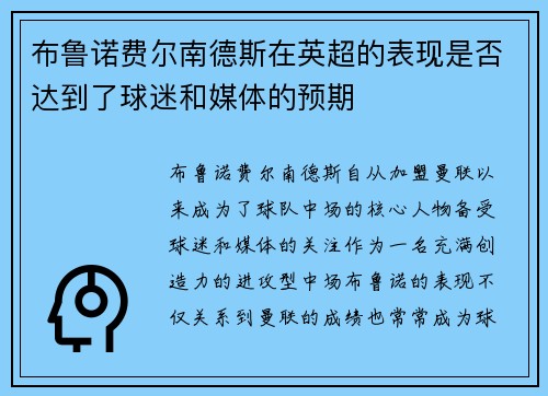 布鲁诺费尔南德斯在英超的表现是否达到了球迷和媒体的预期